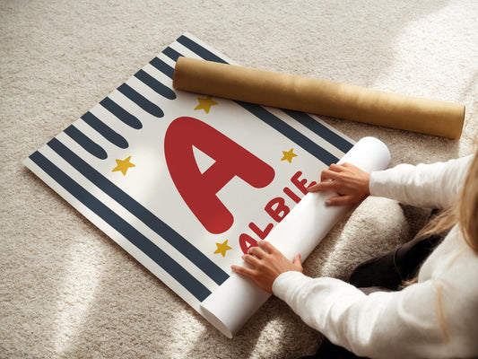 Childrens striped star personalised name print for bedroom or nursery