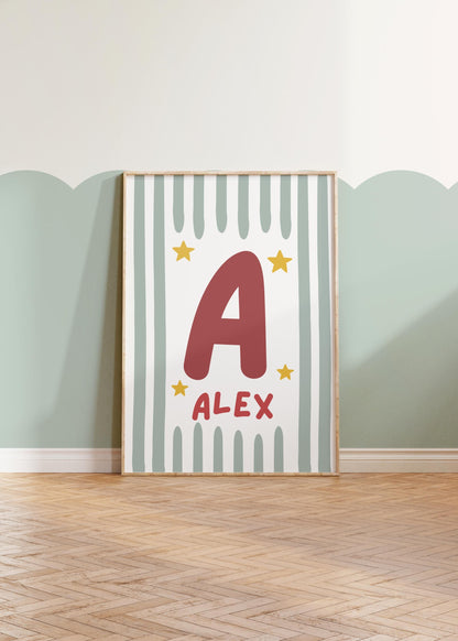 Childrens scandi striped star personalised name print for bedroom or nursery