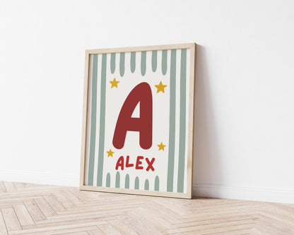 Childrens scandi striped star personalised name print for bedroom or nursery