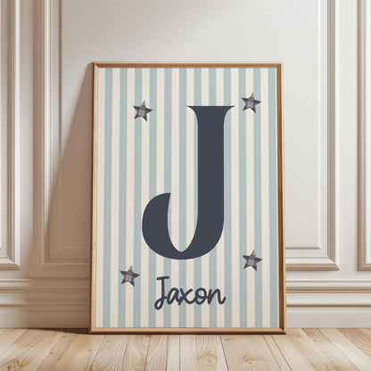 Personalised Name Print, Retro striped Stars, Boys Nursery Decor