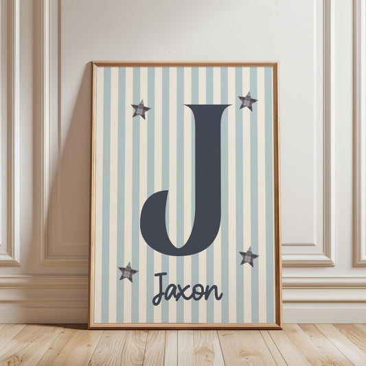 Personalised Name Print, Retro striped Stars, Boys Nursery Decor