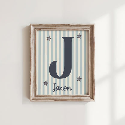 Personalised Name Print, Retro striped Stars, Boys Nursery Decor