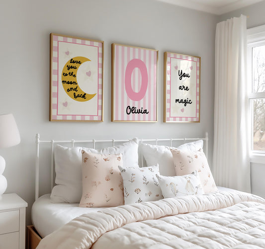 Girls personalised "love you to the moon and back" Wall Art Prints, Girls Nursery Decor, Set of 3