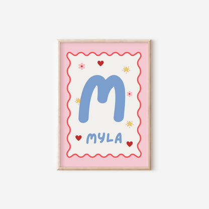 girls bright preppy personalised wall print for bedroom, nursery or playroom