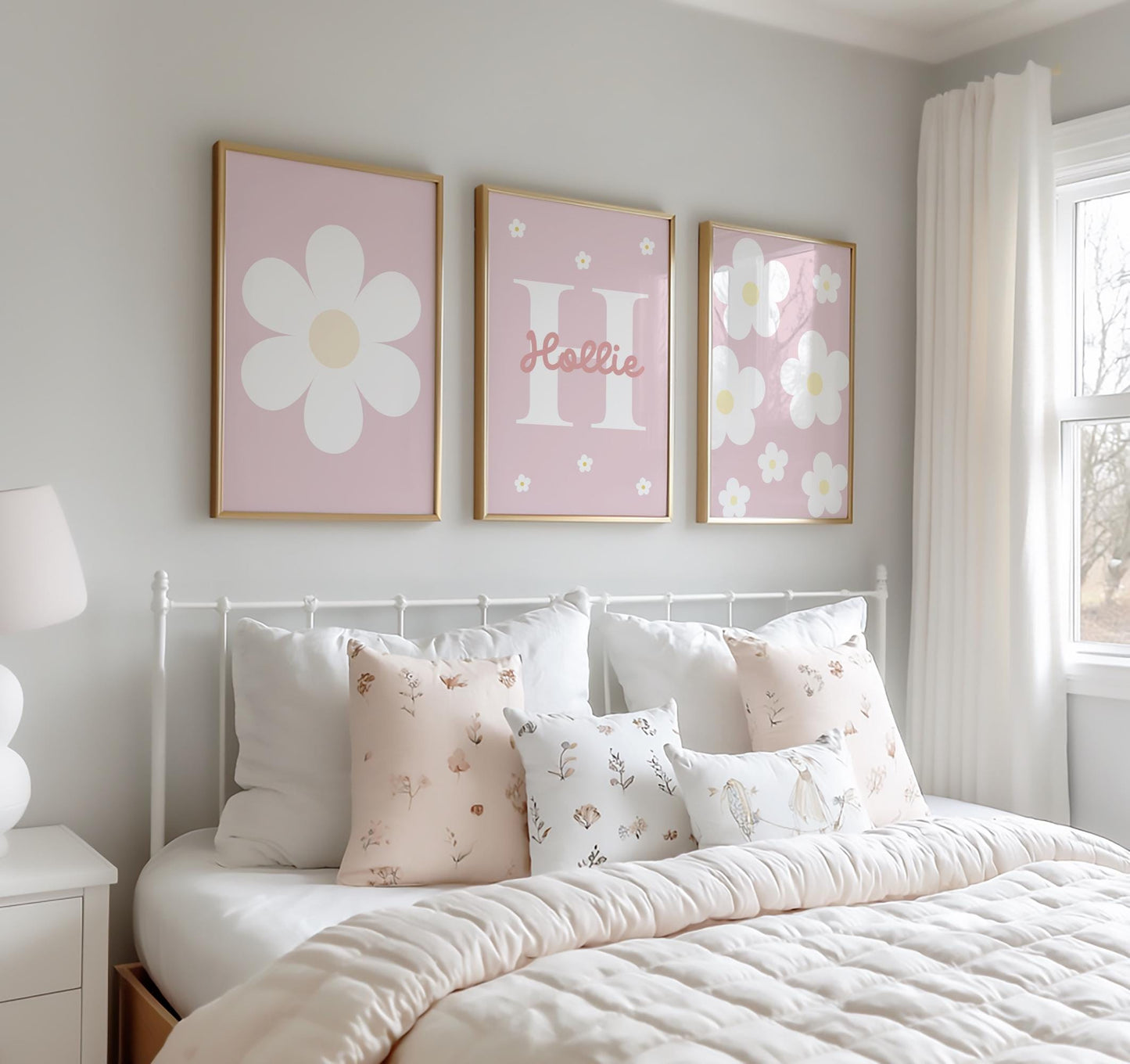 Personalised lilac Daisy Wall Art Prints, Girls Nursery Decor, Set of 3
