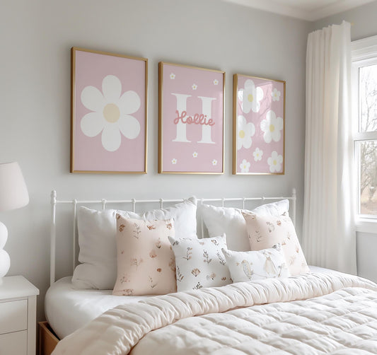 Personalised lilac Daisy Wall Art Prints, Girls Nursery Decor, Set of 3