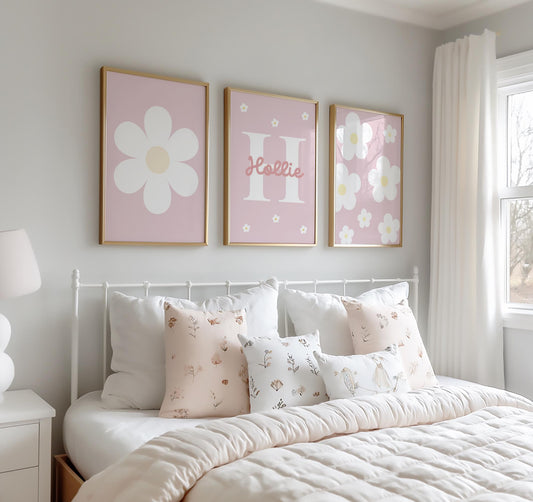Personalised green Daisy Wall Art Prints, Girls Nursery Decor, Set of 3