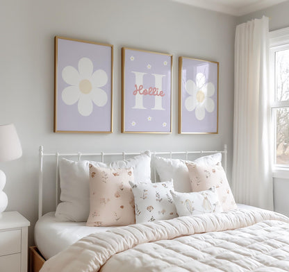 Personalised lilac Daisy Wall Art Prints, Girls Nursery Decor, Set of 3