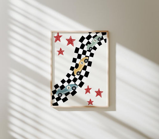 Personalised Kids Gallery Wall Art, racing car boys wall print set
