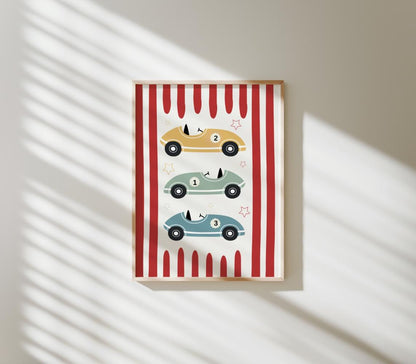 Personalised Kids Gallery Wall Art, racing car boys wall print set
