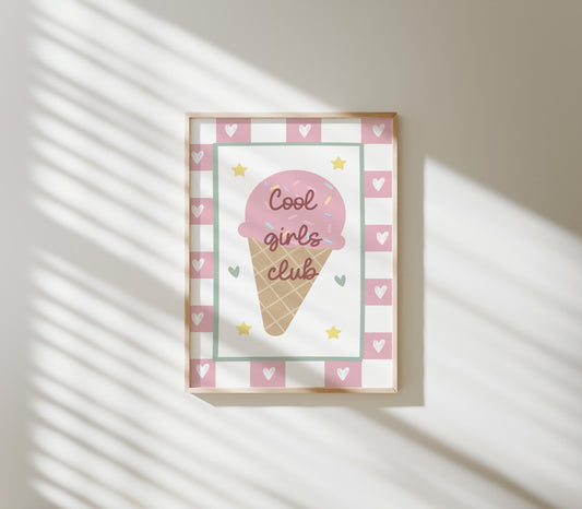 Girls Club Ice Cream Print for Nursery or Bedroom – Pink Heart Wall Art