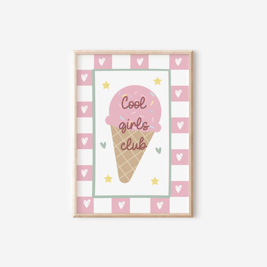 girls pink cherry and icecream affirmation personalised wall print set for bedroom or nursery
