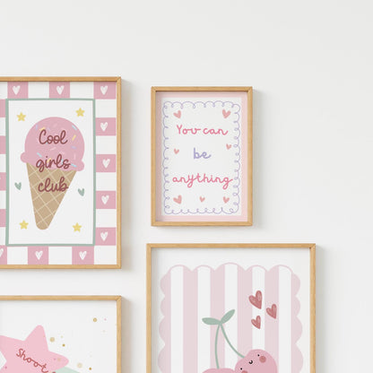 girls pink cherry and icecream affirmation personalised wall print set for bedroom or nursery