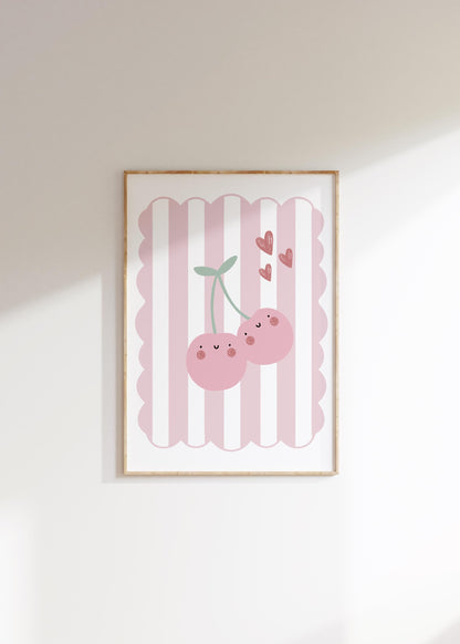 Happy Cherry Pink Wall Print, Boho Kids Art, Nursery Decor