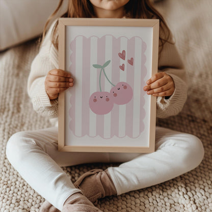 Happy Cherry Pink Wall Print, Boho Kids Art, Nursery Decor