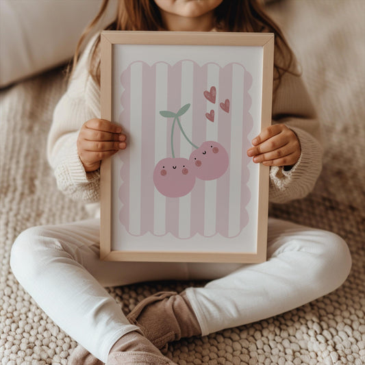 Happy Cherry Pink Wall Print, Boho Kids Art, Nursery Decor