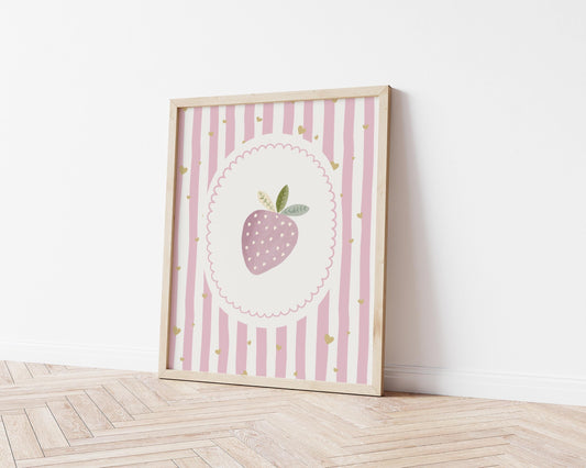 Pink strawberry nursery print, cute strawberry wall art for girls bedroom or playroom