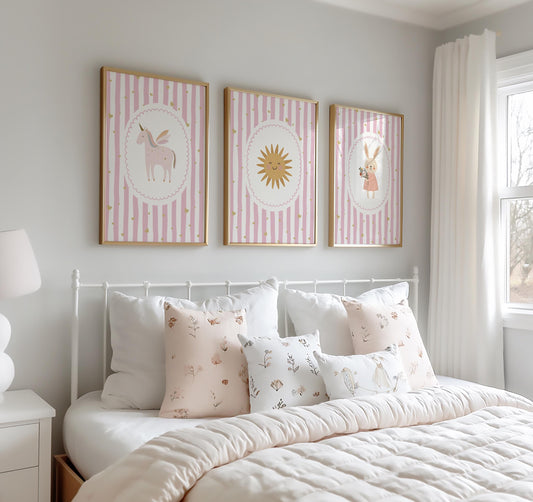 Girls pink whimiscal bunny/sunshine/unicorn Wall Art Prints, Girls Nursery Decor, Set of 3