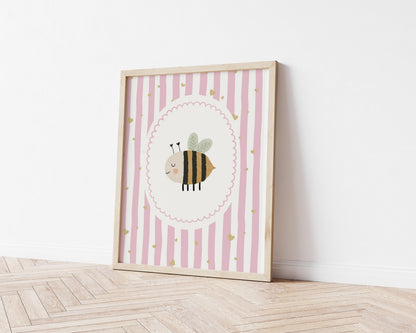 Girls pink whimiscal bunny/bee/unicorn Wall Art Prints, Girls Nursery Decor, Set of 3