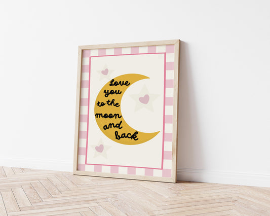 Love You To The Moon Print: pink heart and stars Nursery Decor