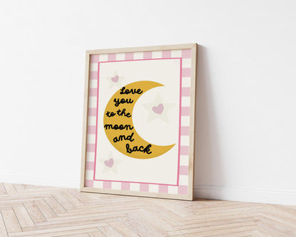 Love You To The Moon Print: pink heart and stars  Nursery Decor