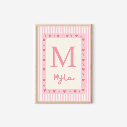 girls personalised pink striped heart print for bedroom or nursery