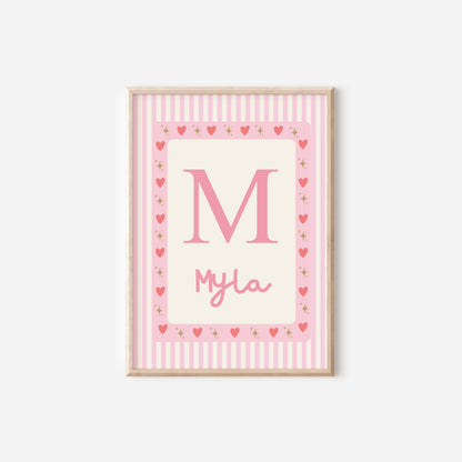 girls personalised pink striped heart print for bedroom or nursery