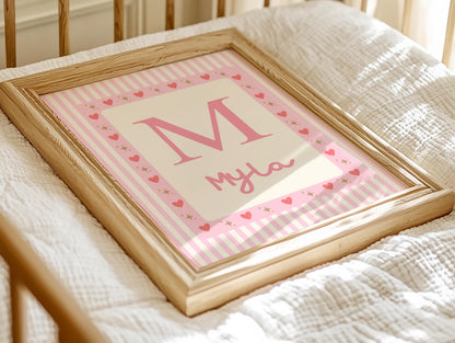 girls personalised pink striped heart print for bedroom or nursery