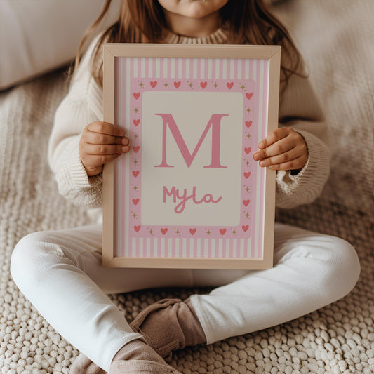 girls personalised pink striped heart print for bedroom or nursery