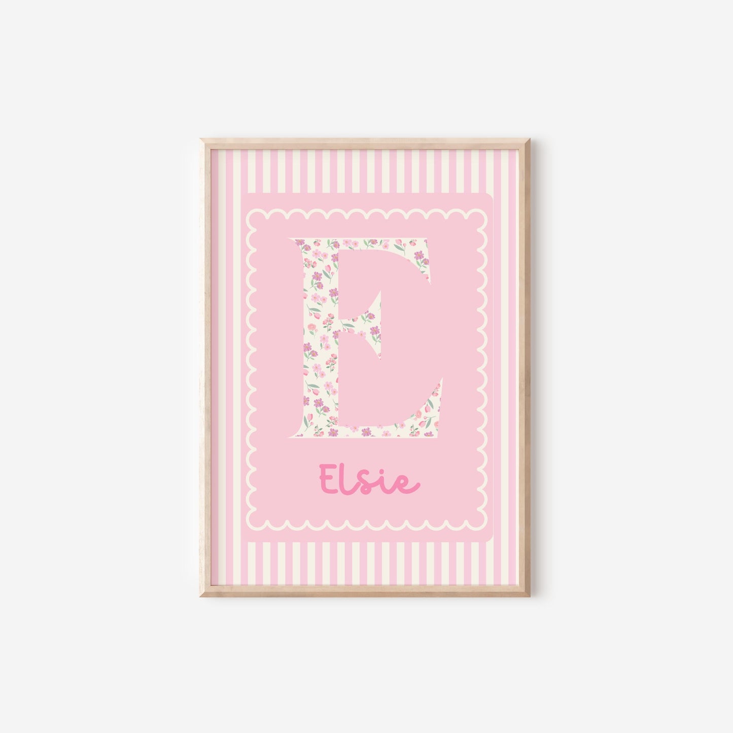 pink striped scallop floral personalised whimiscal name print for girls bedroom or playroom