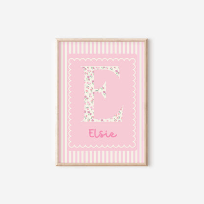 pink striped scallop floral personalised whimiscal name print for girls bedroom or playroom