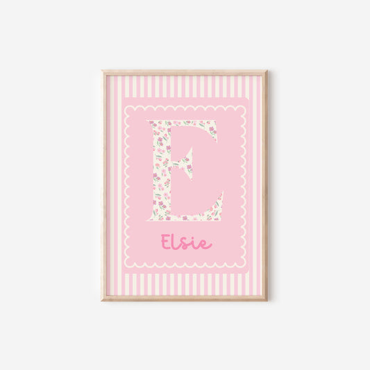pink striped scallop floral personalised whimiscal name print for girls bedroom or playroom