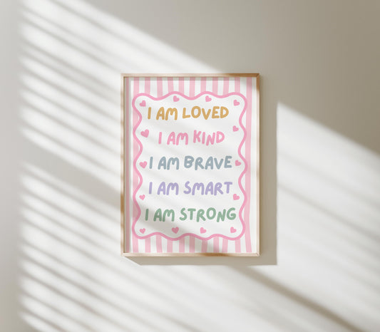 childrens pink striped affirmation wall print for bedroom or nursery, i am loved i am kind i am enough