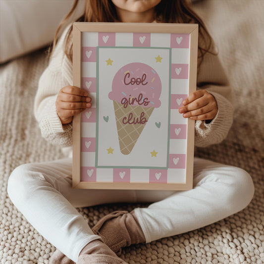 Girls Club Ice Cream Print for Nursery or Bedroom – Pink Heart Wall Art