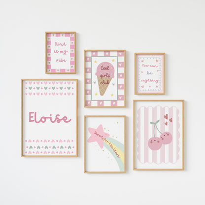 girls pink cherry and icecream affirmation personalised wall print set for bedroom or nursery