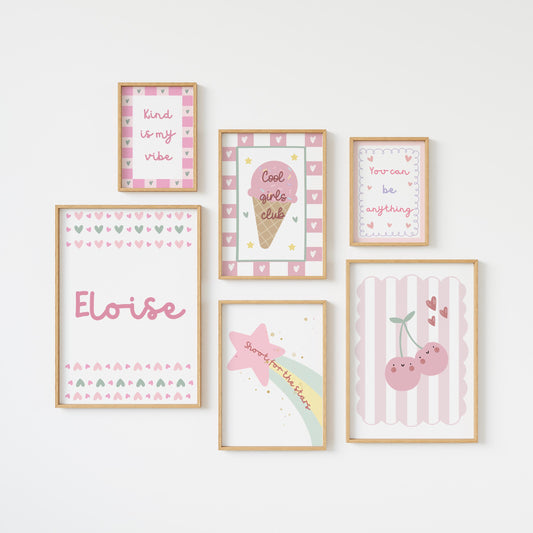 girls pink cherry and icecream affirmation personalised wall print set for bedroom or nursery