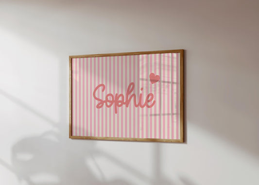 girls personalised pink striped wall print for bedroom, nursery or playroom