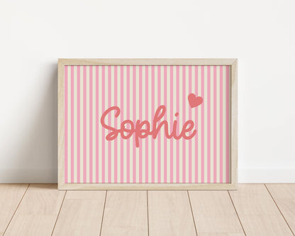 girls personalised pink striped wall print for bedroom, nursery or playroom