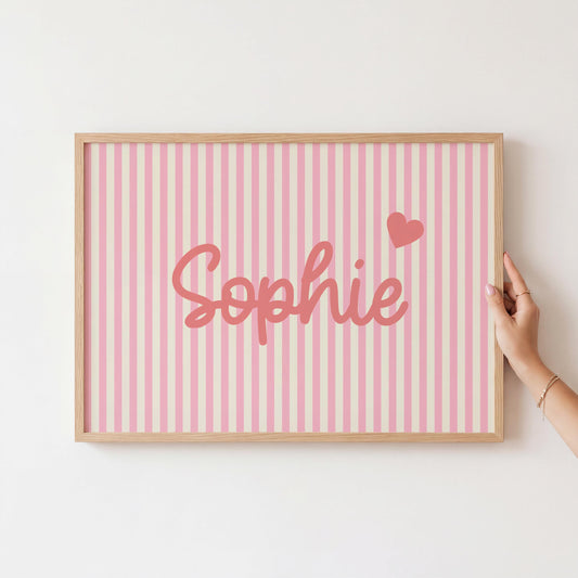 girls personalised pink striped wall print for bedroom, nursery or playroom