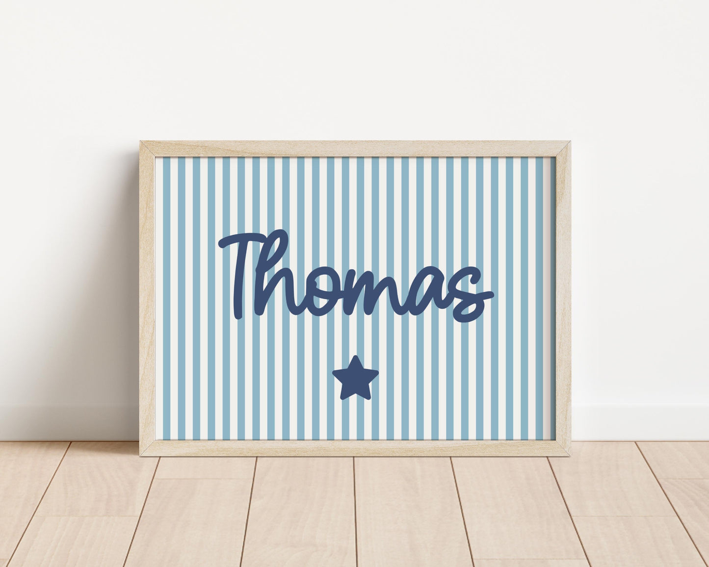 boys personalised blue striped wall print for bedroom, nursery or playroom