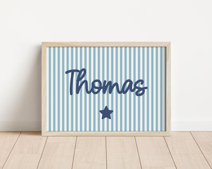 boys personalised blue striped wall print for bedroom, nursery or playroom