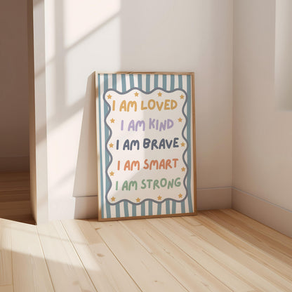 childrens pink striped affirmation wall print for bedroom or nursery, i am loved i am kind i am enough