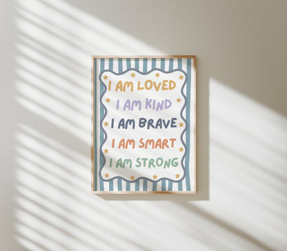 childrens blue striped affirmation wall print for bedroom or nursery, i am loved i am kind i am enough