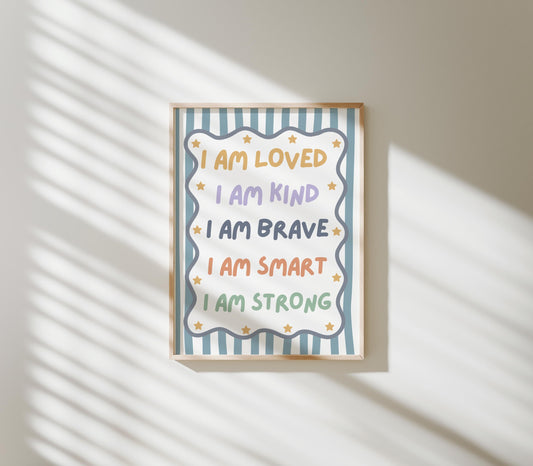 childrens blue striped affirmation wall print for bedroom or nursery, i am loved i am kind i am enough