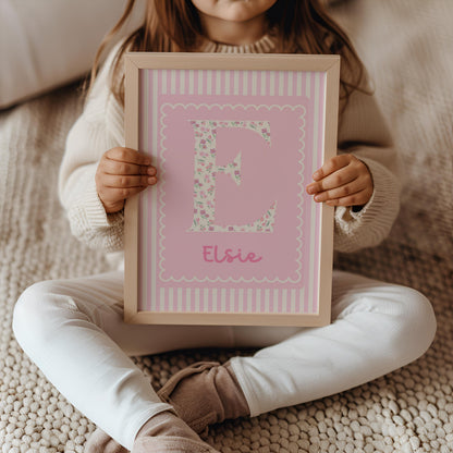 pink striped scallop floral personalised whimiscal name print for girls bedroom or playroom