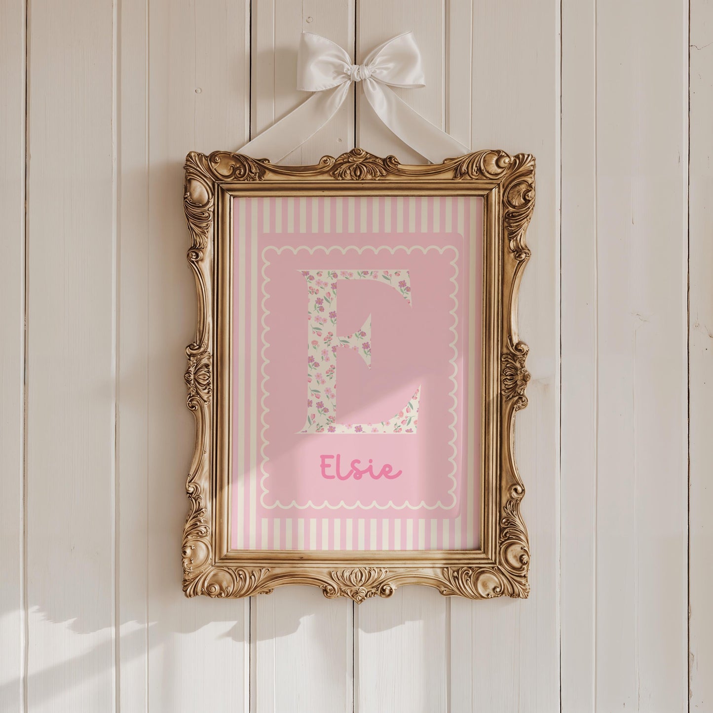 pink striped scallop floral personalised whimiscal name print for girls bedroom or playroom