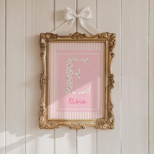 pink striped scallop floral personalised whimiscal name print for girls bedroom or playroom