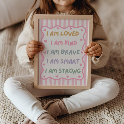 childrens blue striped affirmation wall print for bedroom or nursery, i am loved i am kind i am enough