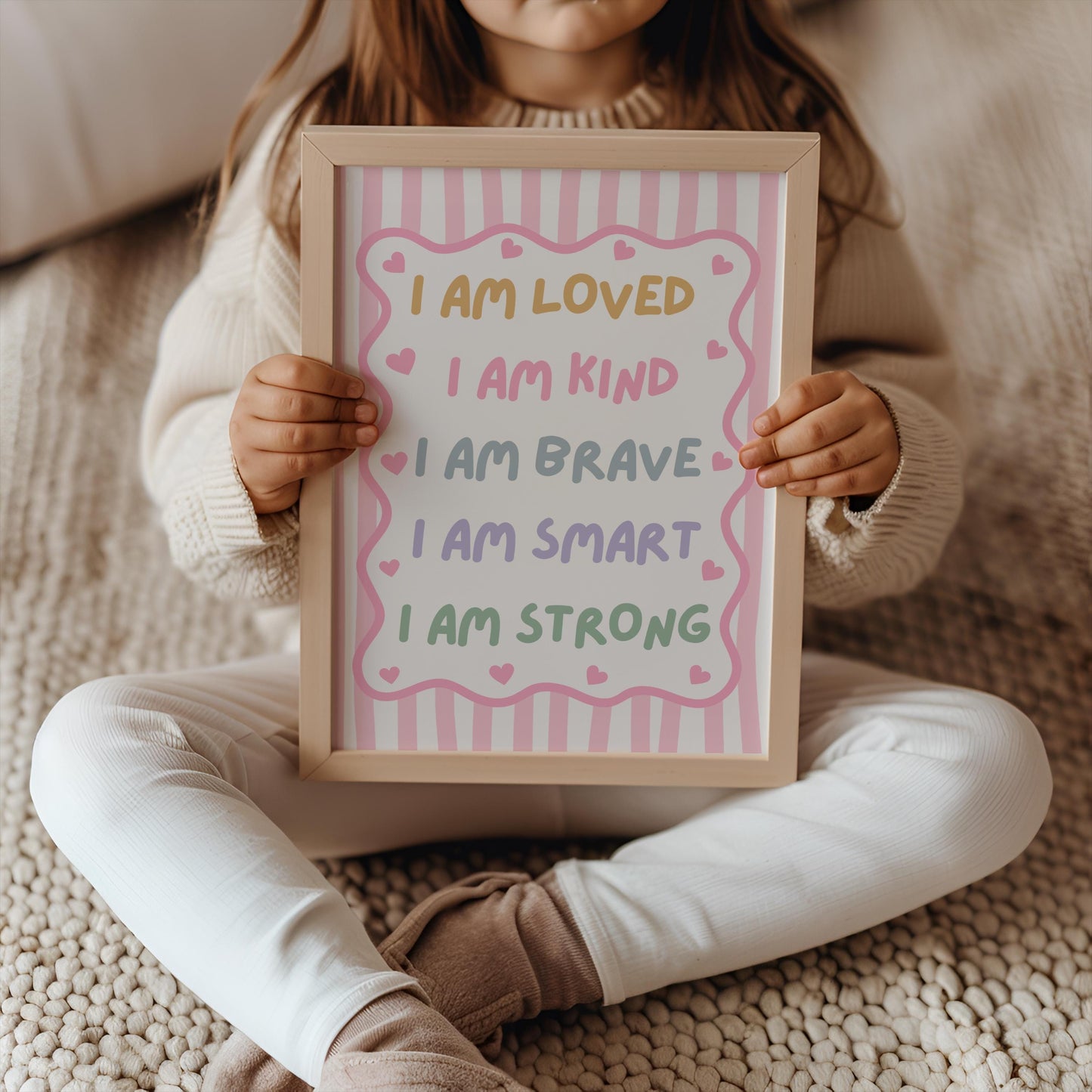 childrens pink striped affirmation wall print for bedroom or nursery, i am loved i am kind i am enough