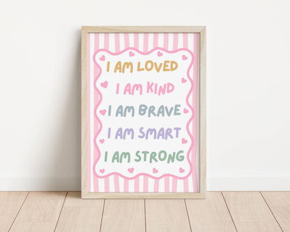 childrens pink striped affirmation wall print for bedroom or nursery, i am loved i am kind i am enough